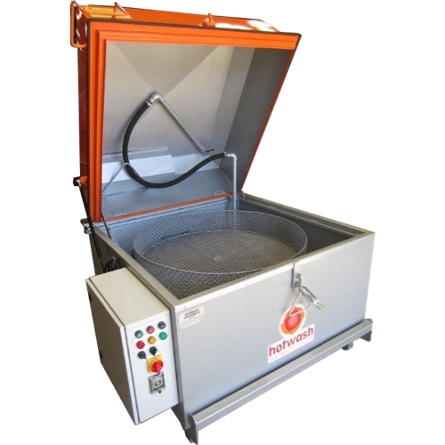 Hotwash "HW1100G" parts washer. Industrial machine with open lid, spray bar, and control panel. Ideal for cleaning components