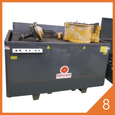 Heavy-duty parts washer with yellow control panel and grey cabinet