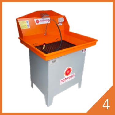 Orange and white manual parts washer with open lid