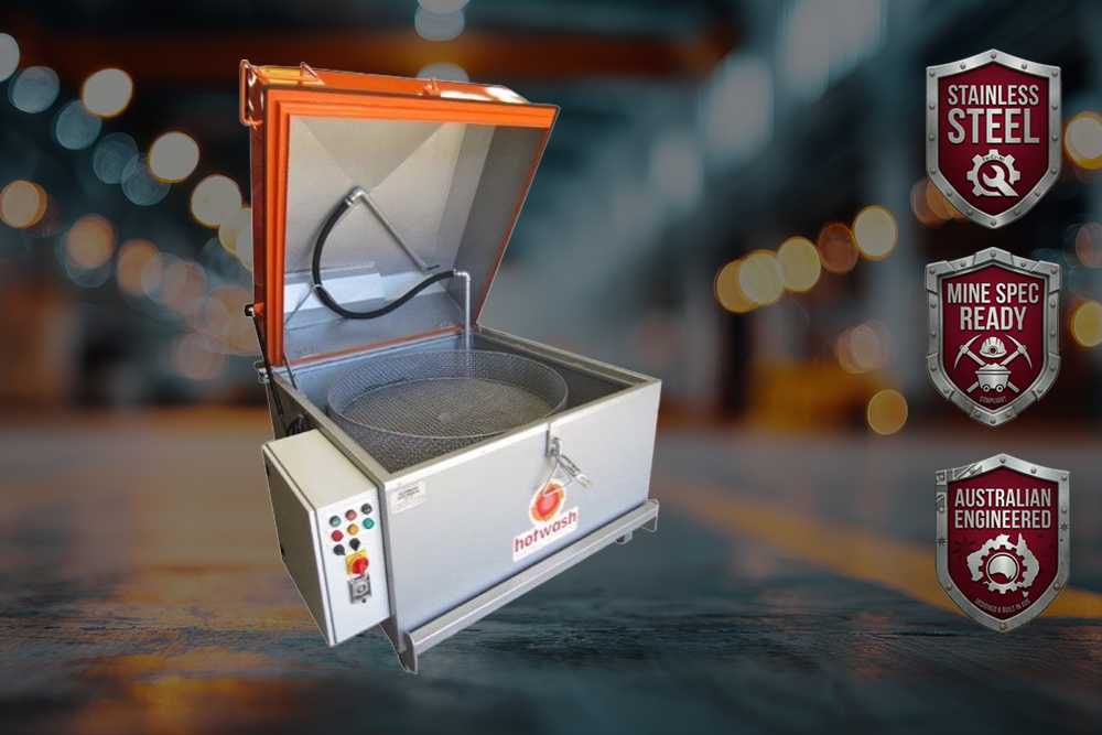 HotWash industrial parts washer with open orange lid