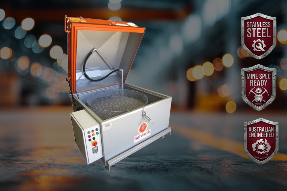 HotWash industrial parts washer with open lid showing cleaning chamber