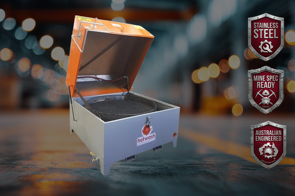 Grey manual parts washer with orange lid open