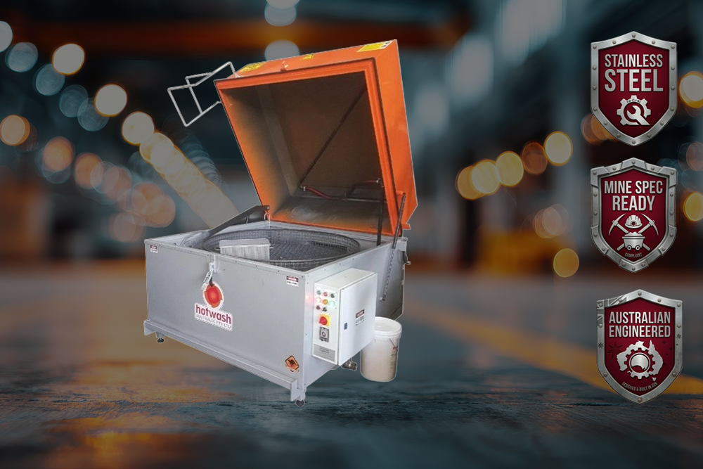 HotWash manual parts washer side view with orange lid