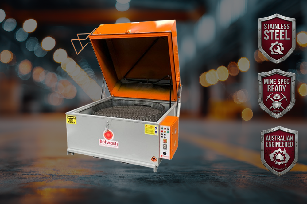 Orange manual parts washer cabinet with open lid