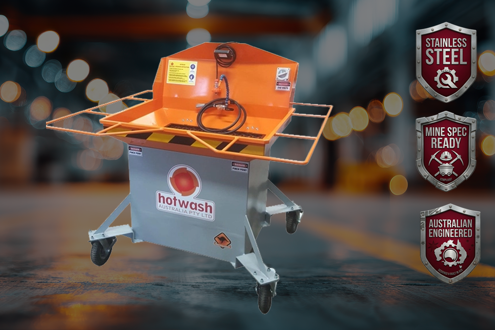 Manual parts washer with orange lid and extended work tray
