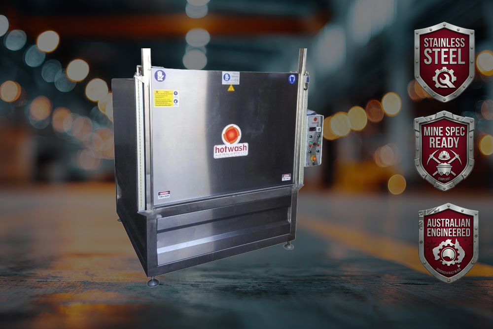 Heavy-duty industrial spray washer with open chamber door